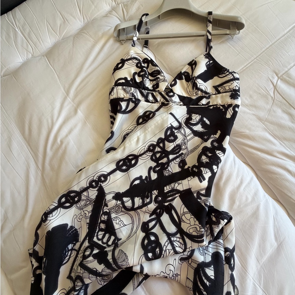 Hermes Silk Black and White Chain Print Dress